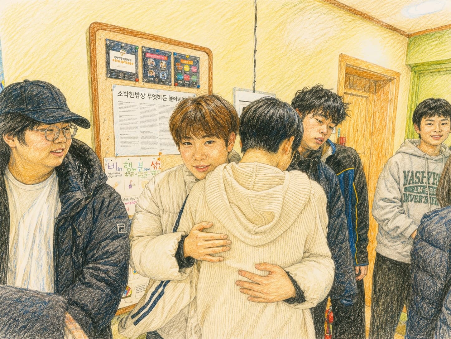 서로를 반갑게 맞이하며 안아주는 길의 학생들